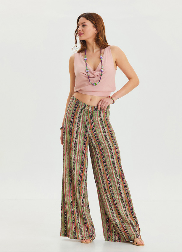 High Waist Loose Cut Khaki Palazzo Trousers 4537